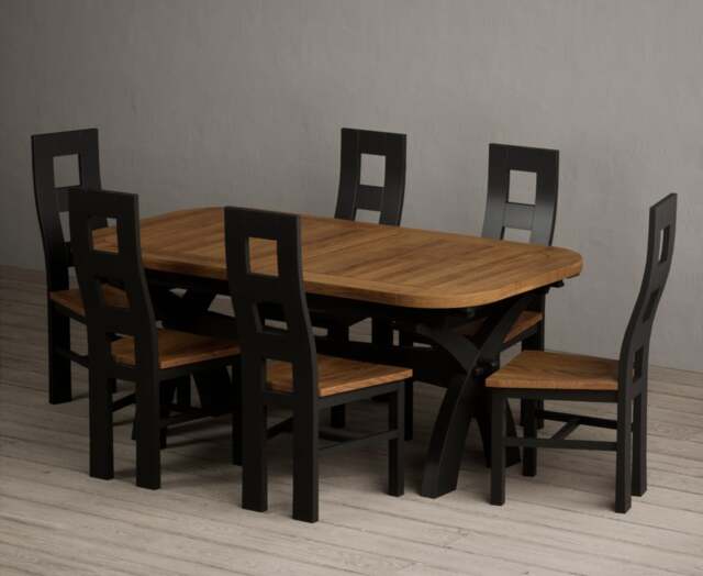 Extending Olympia 180cm Oak and Black Painted Dining Table with 10 Charcoal Grey Painted Chairs