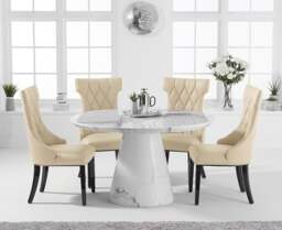 Ravello 130cm Round White Marble Dining Table with 6 Cream Sophia Chairs