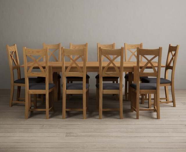 Extending Thetford 150cm Solid Oak Dining Table with 10 Charcoal Grey Natural Solid Oak Chairs