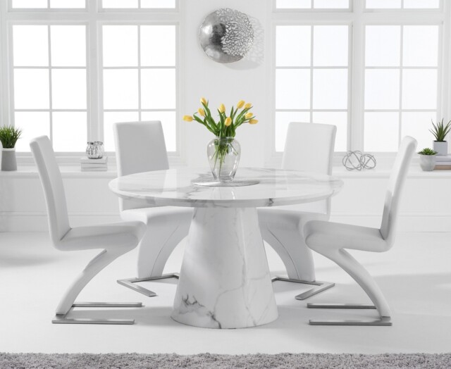 Ravello 130cm Round White Marble Dining Table with 4 White Aldo Chairs