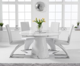 Ravello 130cm Round White Marble Dining Table with 4 White Aldo Chairs