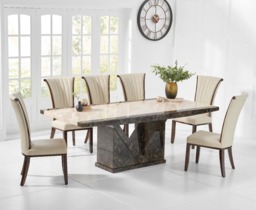 Tenore 220cm Marble Dining Table with 6 Cream Lorient Chairs