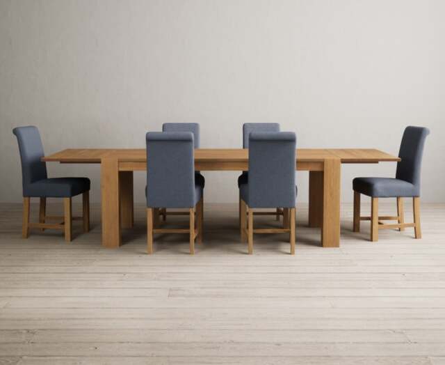 Extending Sheringham 200cm Solid Oak Table with 6 Blue Braced Chairs