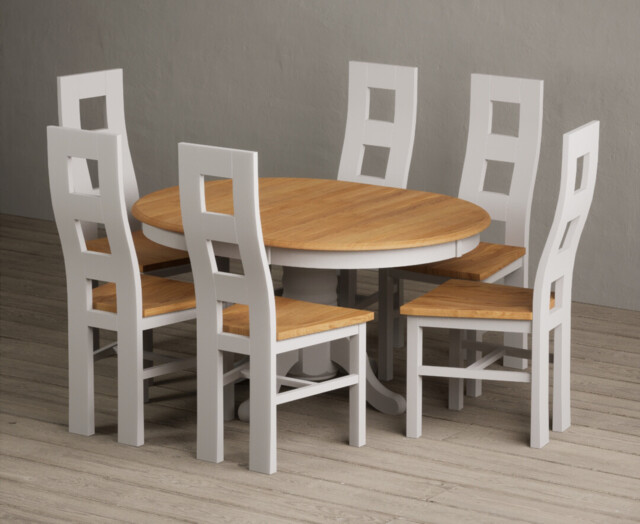 Extending Hertford 100cm - 130cm Oak and Soft White Painted Pedestal Dining Table with 6 Oak Painted Chairs