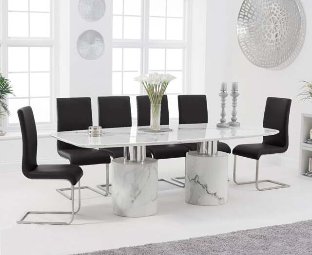Antonio 220cm White Marble Table with 8 Black Austin Chairs