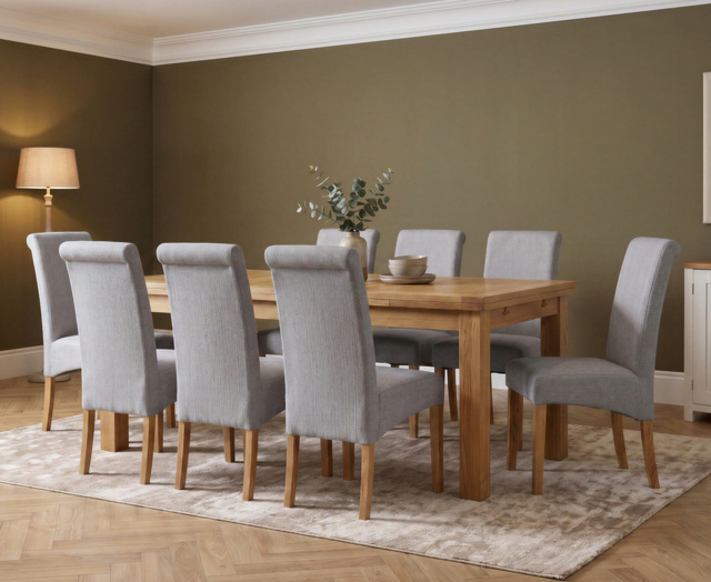 Extending Buxton 140cm Solid Oak Dining Table with 8 Grey Scroll Back Chairs
