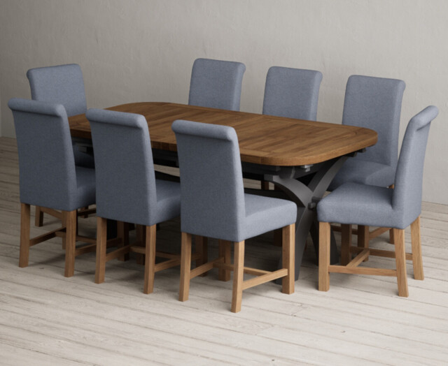 Extending Olympia 180cm Oak and Charcoal Grey Dining Table with 8 Blue Braced Chairs