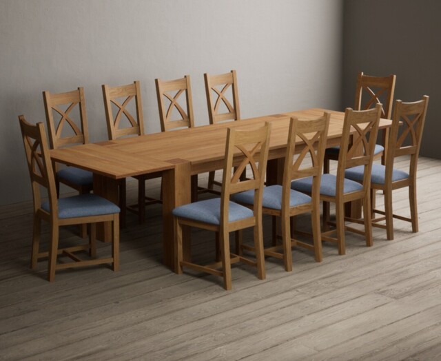 Extending Sheringham 200cm Solid Oak Table with 10 Blue Natural Solid Oak Chairs