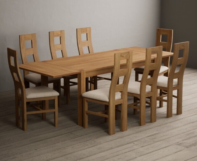 Extending Thetford 150cm Solid Oak Dining Table with 8 Linen Natural Chairs