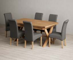 Extending Buckley 160cm Solid Oak Dining Table with 6 Charcoal Grey Scroll Back Chairs