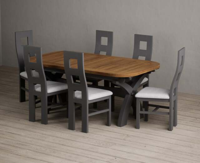 Extending Olympia 180cm Oak and Charcoal Grey Painted Dining Table with 6 Brown Painted Chairs