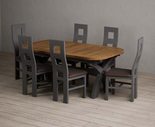 Extending Olympia 180cm Oak and Charcoal Grey Dining Table with 6 Brown Painted Chairs