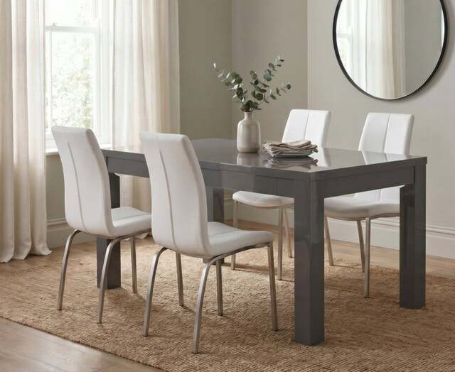Extending Seattle Dark Grey Gloss 160-220cm Dining Table with 4 White Marco Chairs