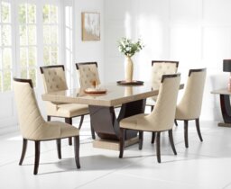 Novara 170cm Brown Pedestal Marble Dining Table with 4 Cream Francesca Chairs