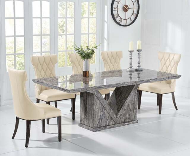Milan 220cm Grey Marble Dining Table with 10 Cream Sophia Chairs