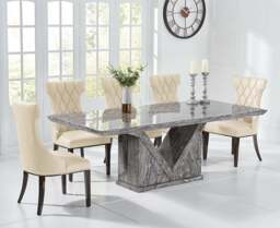 Milan 220cm Grey Marble Dining Table with 10 Cream Sophia Chairs
