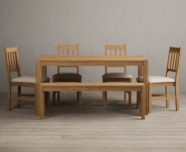 York 150cm Solid Oak Dining Table with 4 Linen York Chairs and 1 Oak Bench