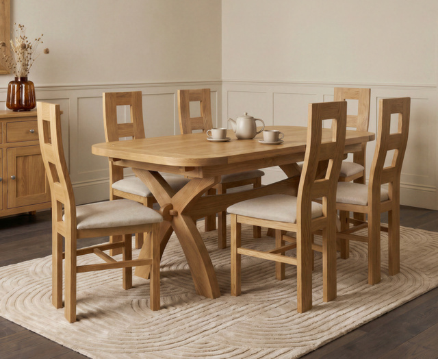 Extending Olympia 180cm Solid Oak Dining Table with 6 Linen Natural Chairs