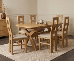 Extending Olympia 180cm Solid Oak Dining Table with 6 Linen Natural Chairs