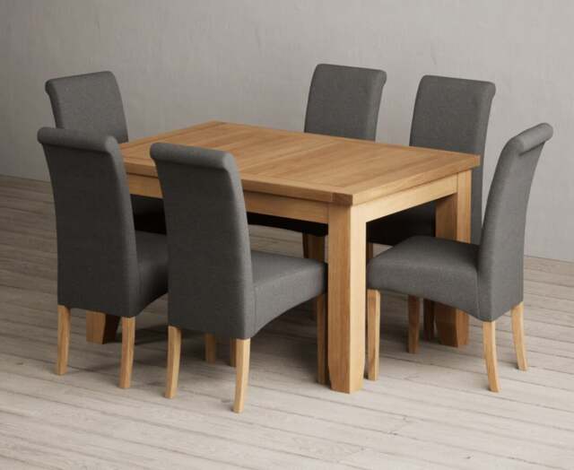 Extending Yateley 130cm Solid Oak Dining Table with 6 Charcoal Grey Scroll Back Chairs