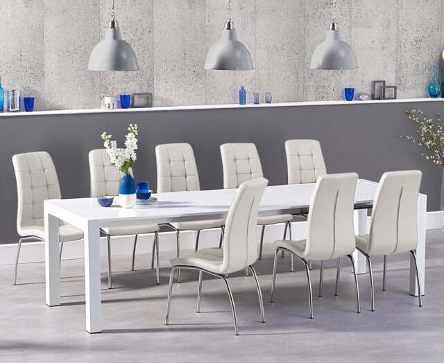 Extending Cleveland White High Gloss Dining Table with 8 Cream Enzo Chairs