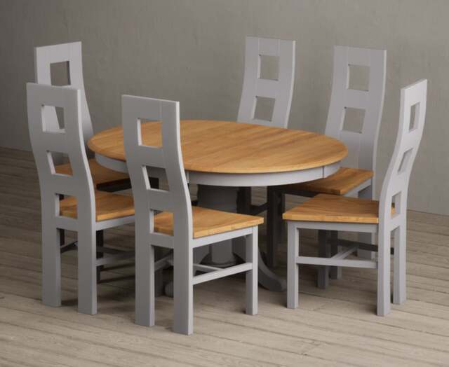 Extending Hertford 100cm - 130cm Oak and Light Grey Painted Pedestal Dining Table with 4 Oak Painted Chairs