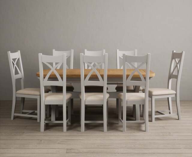 Extending Olympia 180cm Oak and Soft White Painted Dining Table with 8 Linen Painted Chairs