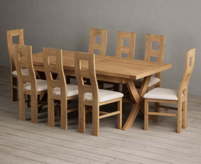 Extending Buckley 200cm Solid Oak Dining Table with 8 Linen Natural Chairs