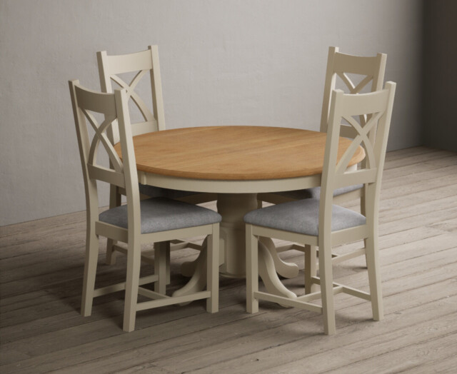 Hertford 120cm Fixed Top Oak and Cream Painted Dining Table with 4 Light Grey Painted Chairs