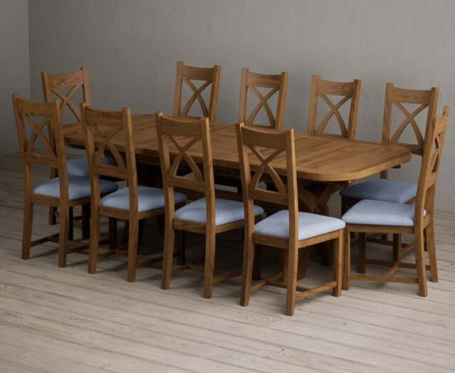 Extending Olympia 180cm Rustic Solid Oak Dining Table with 10 Blue Rustic Solid Oak Chairs