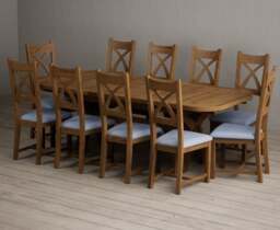 Extending Olympia 180cm Rustic Solid Oak Dining Table with 10 Blue Rustic Solid Oak Chairs