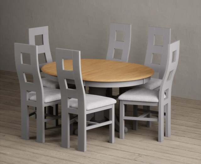 Extending Hertford 100cm - 130cm Oak and Light Grey Painted Pedestal Dining Table with 4 Light Grey Painted Chairs