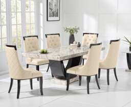 Novara 170cm Cream and Black Pedestal Marble Dining Table with 6 Cream Francesca Chairs