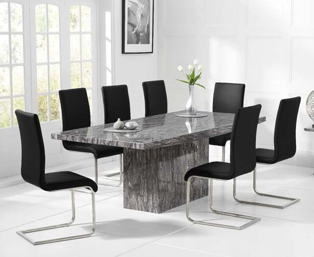 Crema 180cm Grey Marble Dining Table with 10 Black Austin Chairs