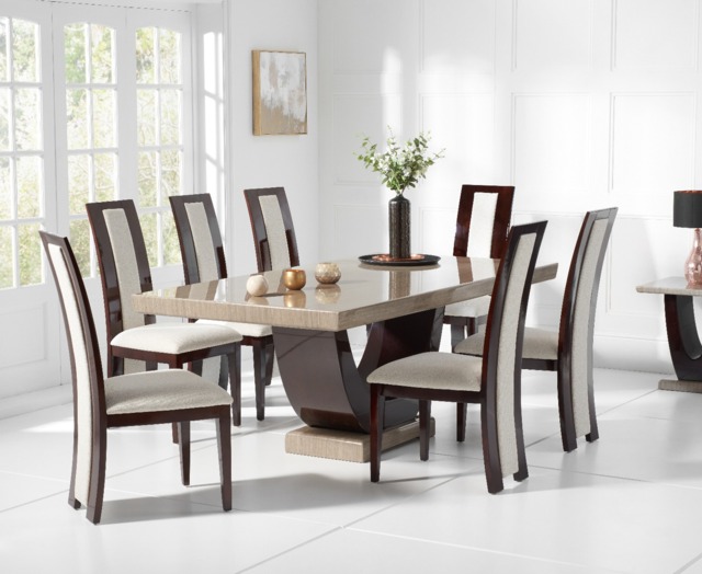 Novara 200cm Brown Pedestal Marble Dining Table with 6 Brown Novara Chairs