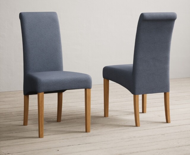 Extending Buxton 180cm Solid Oak Dining Table with 8 Blue Scroll Back Chairs