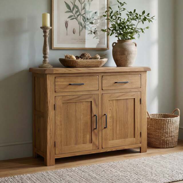 Rustic Solid Oak Small Sideboard - 2 Doors, 2 Dovetail Drawers