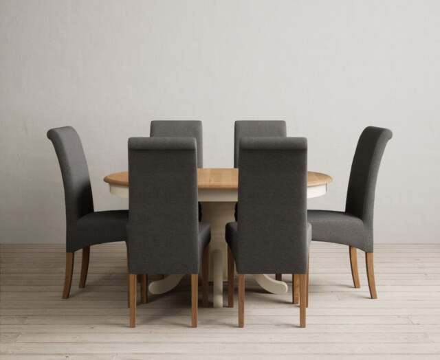 Extending Hertford 100cm - 130cm Oak and Cream Painted Pedestal Dining Table with 6 Charcoal Grey Scroll Back Chairs