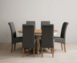 Extending Hertford 100cm - 130cm Oak and Cream Painted Pedestal Dining Table with 6 Charcoal Grey Scroll Back Chairs