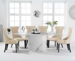 Colby 200cm Oval White Marble Dining Table with 6 Cream Sophia Chairs