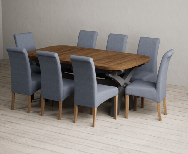 Extending Olympia 180cm Oak and Charcoal Grey Dining Table with 8 Blue Scroll Back Chairs