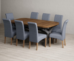 Extending Olympia 180cm Oak and Charcoal Grey Dining Table with 8 Blue Scroll Back Chairs