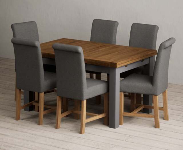 Extending Buxton 140cm Oak and Charcoal Grey Painted Dining Table with 6 Grey Braced Chairs