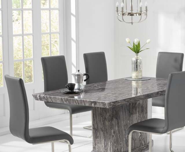 Carvelle 160cm Dark Grey Pedestal Marble Dining Table with 4 Grey Austin Chairs