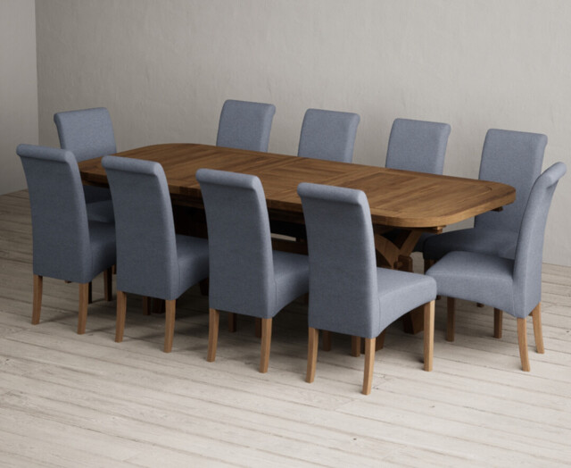 Extending Olympia 180cm Rustic Solid Oak Dining Table with 10 Blue Scroll Back Chairs
