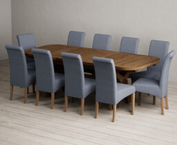 Extending Olympia 180cm Rustic Solid Oak Dining Table with 10 Blue Scroll Back Chairs