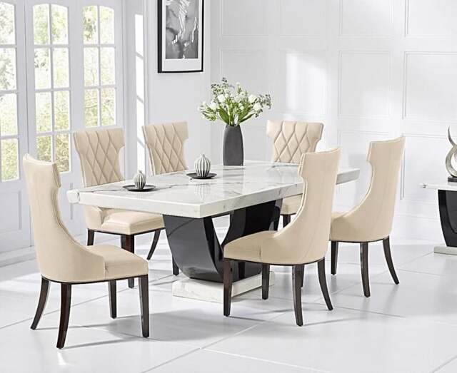 Novara 170cm White and Black Pedestal Marble Dining Table with 6 Cream Sophia Chairs