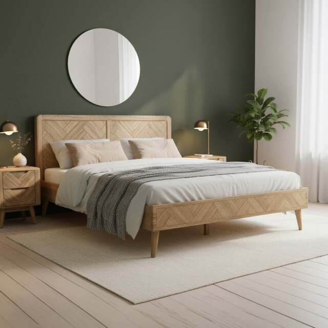 Solid Oak King Size Bed - Herringbone Detail