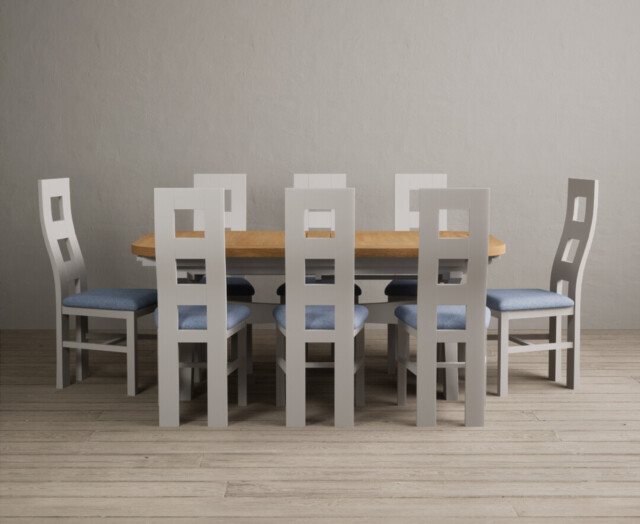 Extending Olympia 180cm Oak and Soft White Painted Dining Table with 8 Blue Painted Chairs