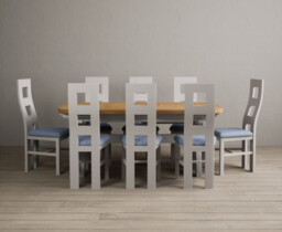 Extending Olympia 180cm Oak and Soft White Painted Dining Table with 8 Blue Painted Chairs